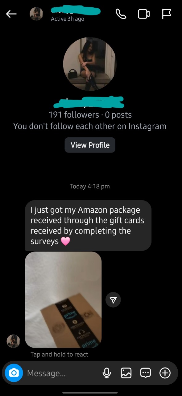 Message: I just got my Amazon package through the gift card