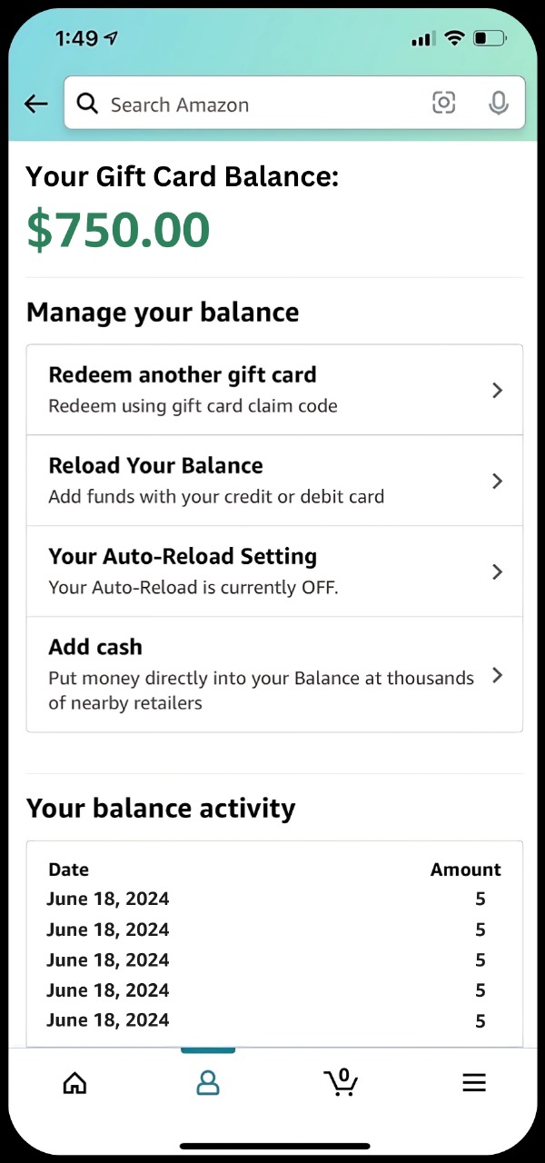 Amazon gift card balance of $750.00